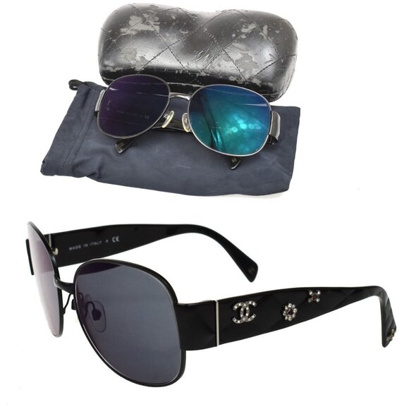 CHANEL CC Logo Sunglasses Eye Wear Rhinestone Plastic Black - Picture 1 of 14